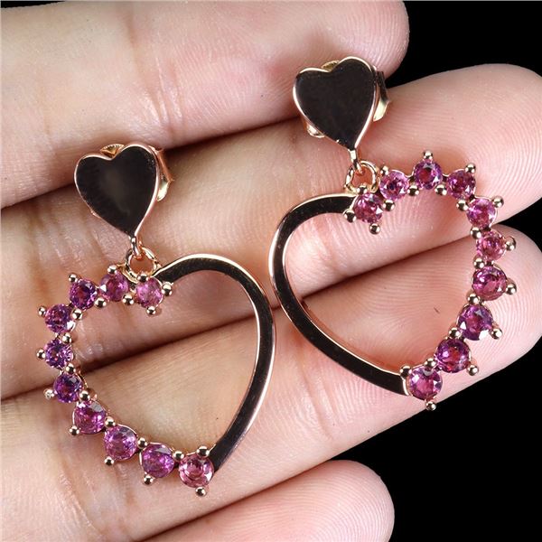 RHODOLITE GARNET EARRINGS IN 14K ROSE GOLD OVER 925 STERLING SILVER - APPRAISED REPLACEMENT VALUE CA