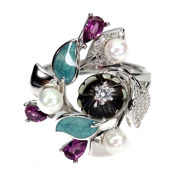RHODOLITE GARNET, MOTHER OF PEARL, CZ AND PEARL RING IN 14K ROSE GOLD OVER 925 STERLING SILVER â[x=#