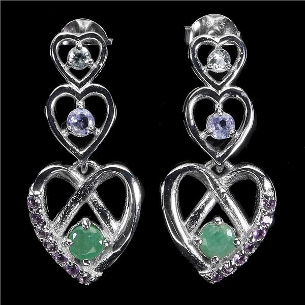 EMERALD, AMETHYST AND TANZANITE EARRINGS IN 14K WHITE GOLD OVER 925 STERLING SILVER - APPRAISED REPL