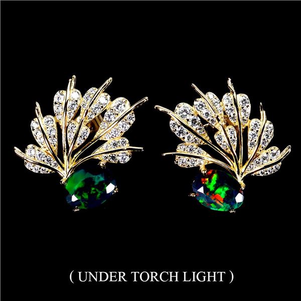 BLACK OPAL AND CZ EARRINGS IN 14K YELLOW GOLD OVER 925 STERLING SILVER - APPRAISED REPLACEMENT VALUE