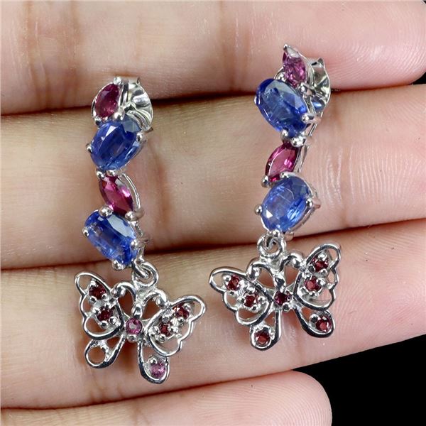 OVAL CUT KYANITE AND RHODOLITE GARNET EARRINGS IN 14K WHITE GOLD OVER 925 STERLING SILVER - APPRAISE