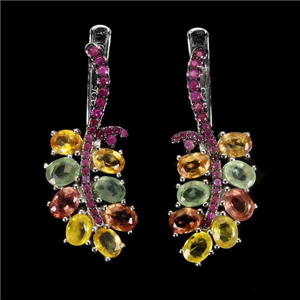 RUBY AND MULTI-COLOR SAPPHIRE EARRINGS IN 14K ROSE GOLD OVER 925 STERLING SILVER - APPRAISED REPLACE
