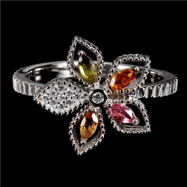 FLOWER-SHAPED MARQUISE CUT TOURMALINE RING IN 14K WHITE GOLD OVER 925 STERLING SILVER â€[x=