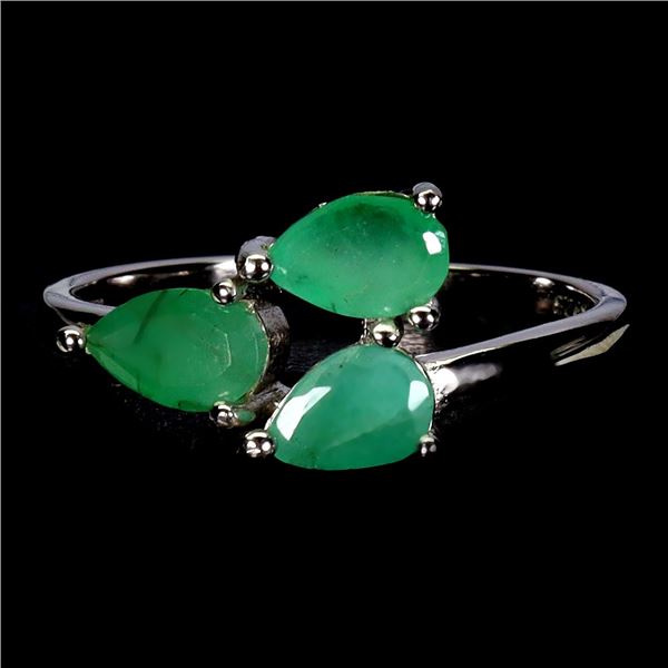 PEAR CUT EMERALD RING IN 14K WHITE GOLD OVER 925 STERLING SILVER â€“ SIZE 8 - APPR