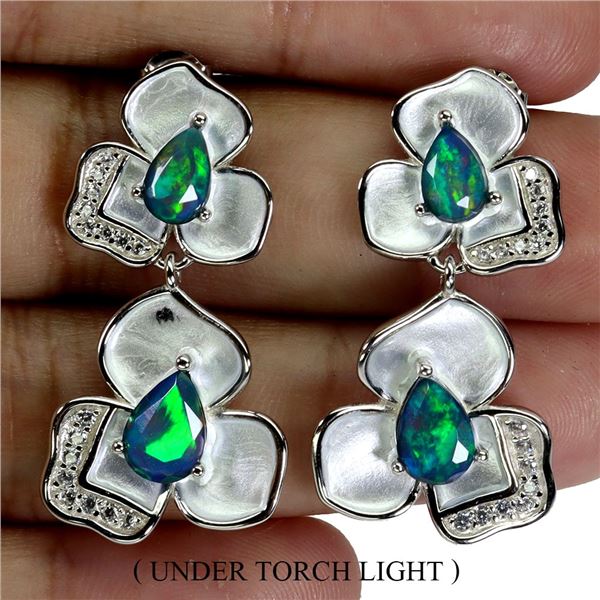 BLACK OPAL AND CZ EARRINGS IN 14K WHITE GOLD OVER 925 STERLING SILVER - APPRAISED REPLACEMENT VALUE 
