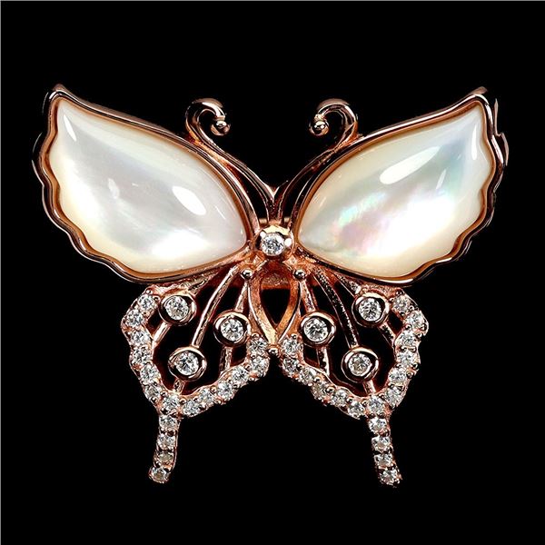 FANCY BUTTERFLY-SHAPED RING WITH MOTHER OF PEARL AND CZ IN 14K WHITE GOLD OVER 925 STERLING SILVER â