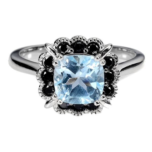 7MM CUSHION CUT SKY BLUE TOPAZ AND BLACK SPINEL RING IN 14K WHITE GOLD OVER 925 STERLING SILVER â[x=