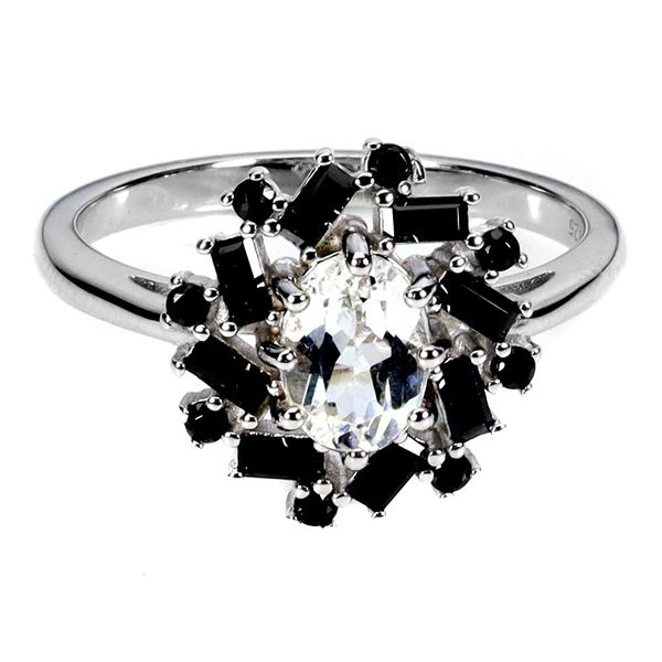 7X5 MM WHITE SAPPHIRE AND BLACK SPINEL RING IN 14K WHITE GOLD OVER 925 STERLING SILVER â€[x