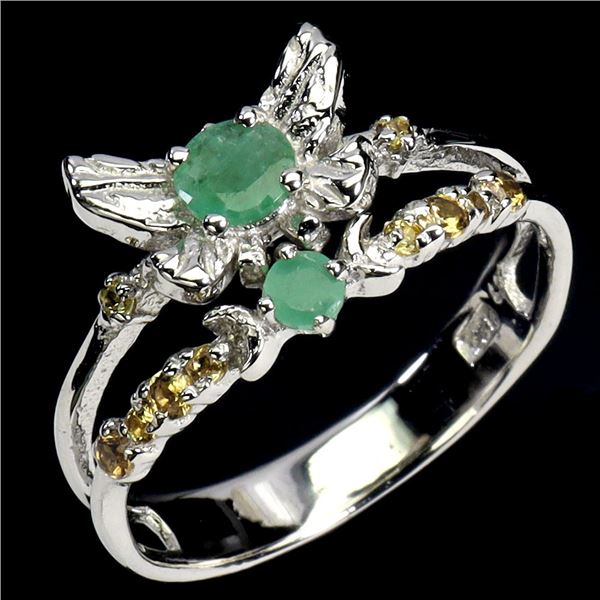 4 MM ROUND EMERALD AND SAPPHIRE RING IN 14K WHITE GOLD OVER 925 STERLING SILVER - SIZE 7 - APPRAISED