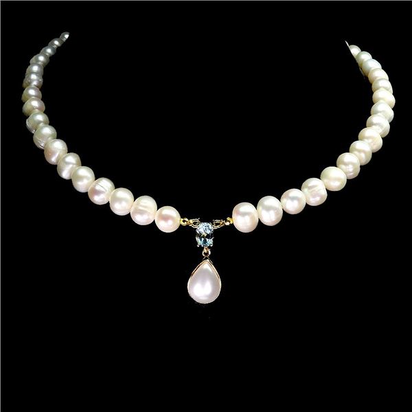 OVAL CUT SKY BLUE TOPAZ AND PEARL NECKLACE IN 14K YELLOW GOLD OVER 925 STERLING SILVER â€[x