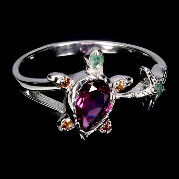 TURTLE SHAPED RING WITH RHODOLITE GARNET, EMERALD AND SAPPHIRE IN 14K WHITE GOLD OVER 925 STERLING S