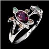 Image 2 : TURTLE SHAPED RING WITH RHODOLITE GARNET, EMERALD AND SAPPHIRE IN 14K WHITE GOLD OVER 925 STERLING S