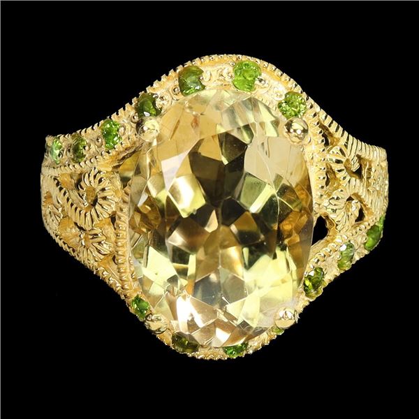 SUPERB 14X10 OVAL CUT CITRINE AND CHROME DIOPSIDE FILIGREE RING IN 14K YELLOW GOLD OVER 925 STERLING