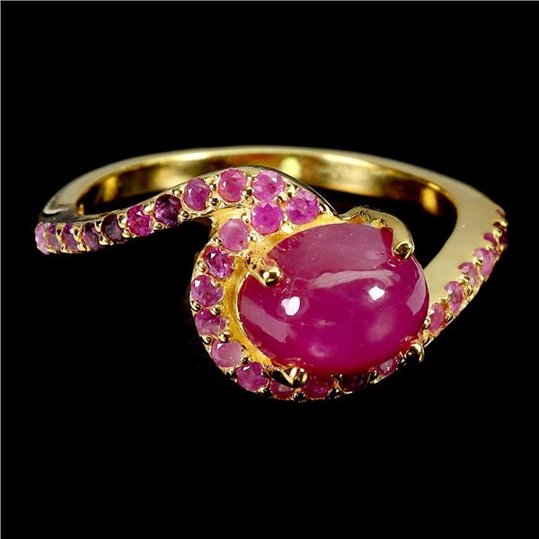 BIG 9X7 MM RUBY CABOCHON AND DIAMOND CUT RUBY RING IN 14K YELLOW GOLD OVER 925 STERLING SILVER â[x=#