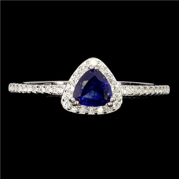 TRILLIANT CUT DARK BLUE SAPPHIRE RING IN 14K WHITE GOLD OVER 925 STERLING SILVER - SIZE 7 - APPRAISE