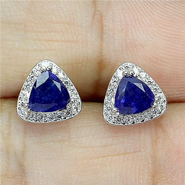 TRILLIANT CUT DARK BLUE SAPPHIRE EARRINGS IN 14K WHITE GOLD OVER 925 STERLING SILVER - SIZE 7 - APPR