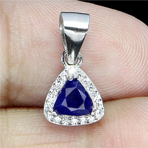 TRILLIANT CUT DARK BLUE SAPPHIRE PENDANT IN 14K WHITE GOLD OVER 925 STERLING SILVER - SIZE 7 - APPRA
