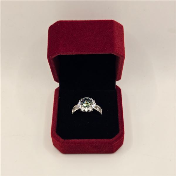 2.00 CT TW GRA CERTIFIED ROUND BRILLIANT CUT MOISSANITE STONE VVS BLUE-GREEN COLOR WITH 12 BAGUETTE 