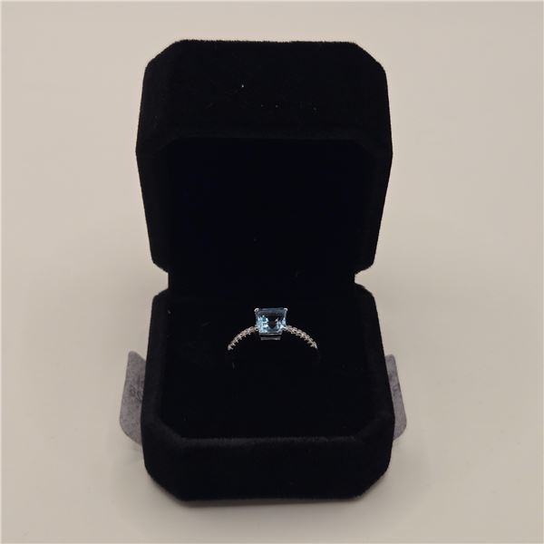 925S 1.0ct Princess Cut Natural Swiss Blue Topaz Chanel Ring - Mounted in 925 Sterling Silver w/ Whi