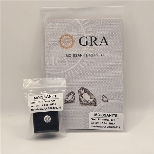2.0ct Moissanite Lab Diamond, Round Brilliant Cut - D - VVS1, Tests Positive with a Tester