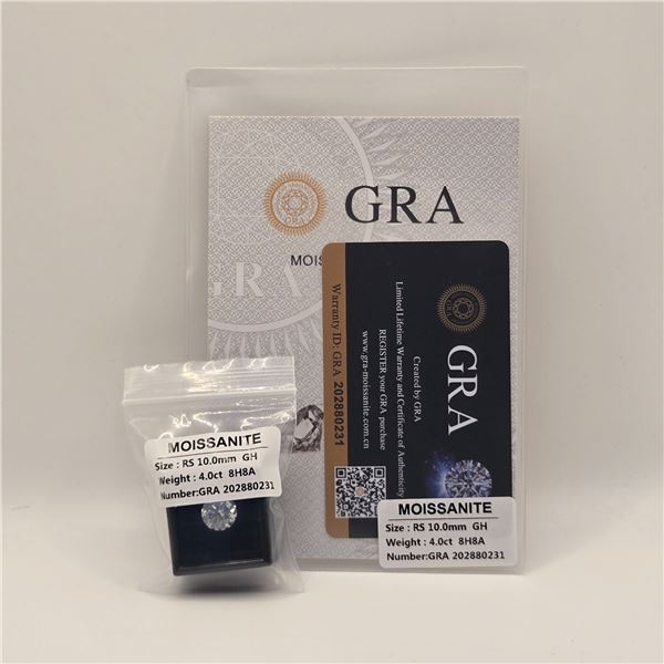 4.0ct Moissanite Lab Diamond, Round Brilliant Cut - D - VVS1, Tests Positive with a Tester