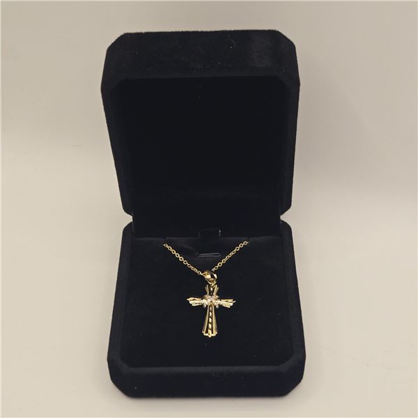 14K Gold Plated 34.0mm Simulated Diamond (CZ) Cross Necklace - Adjustable 17" -18" Long