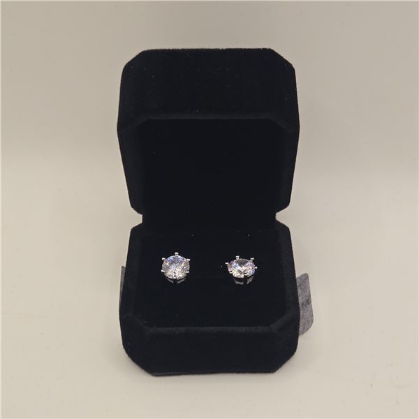 925S 2.0ct Each Simulated Diamond (CZ) Stud Earrings Mounted in 925 Sterling Silver w/ White Gold Ov