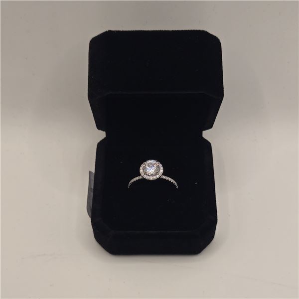 925S 1.0ct Simulated Diamond (CZ) Halo Ring - Size 7, Mounted in 925 Sterling Silver w/ White Gold O