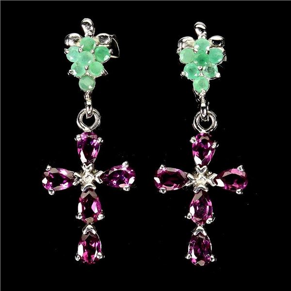 EMERALD AND RHODOLITE GARNET CROSS EARRINGS IN 14K WHITE PLATED GOLD OVER 925 STERLING SILVER - APPR