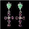 Image 1 : EMERALD AND RHODOLITE GARNET CROSS EARRINGS IN 14K WHITE PLATED GOLD OVER 925 STERLING SILVER - APPR