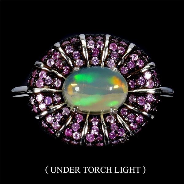 8X6 mm FIRE OPAL AND DIAMOND CUT RUBY RING IN 14K WHITE GOLD PLATED OVER 925 STERLING SILVER - SIZE 