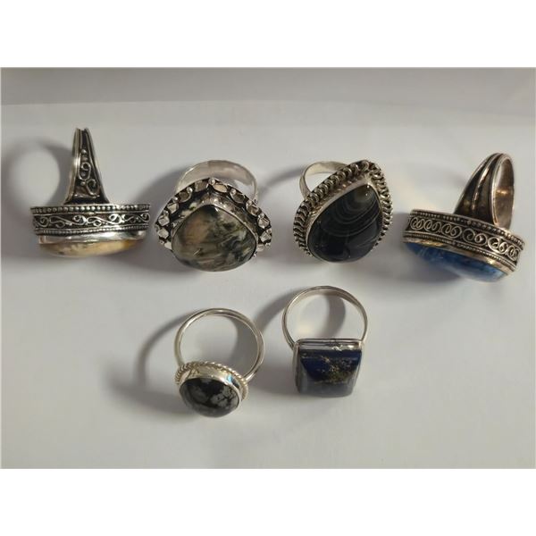 6 New Polished Natural Agate & Stone Rings in Silver Settings - all stamped .925 (longest ring is 35