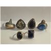 Image 2 : 6 New Polished Natural Agate & Stone Rings in Silver Settings - all stamped .925 (longest ring is 35