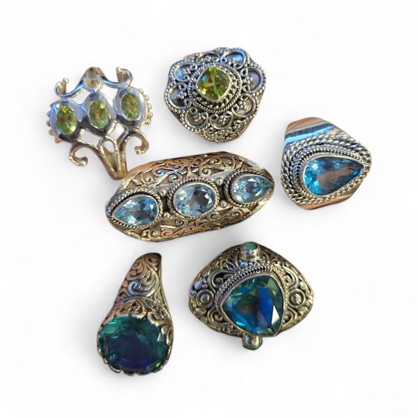 6 New Polished Natural Gemstones in Silver Settings