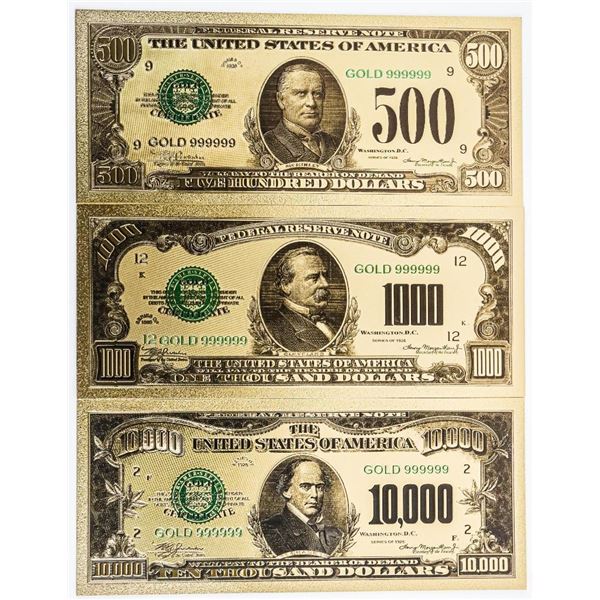 Lot 3 USA 24kt Gold Foil Collector Notes $500,$100