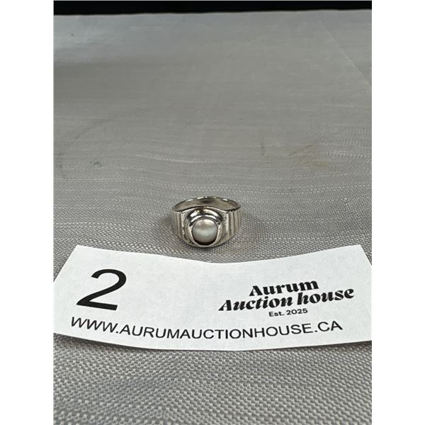 Hand Crafted Sterling Silver w/ Pearl Ring, Marked STER. Size 7