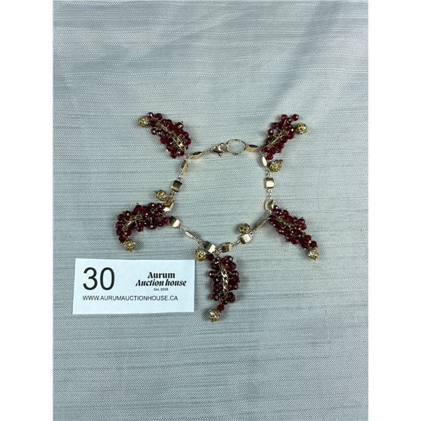 Vintage Gold w/ Red Crystal Beads Grape Design Tassels Bracelet