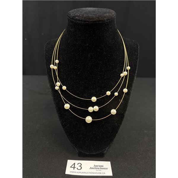 Triple Strand Gold Plated w/ Pearls Necklace
