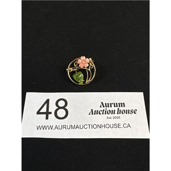 Beautiful Gold w/ Green Jade + Pink Coral Dainty Brooch