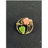 Image 2 : Beautiful Gold w/ Green Jade + Pink Coral Dainty Brooch