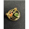 Image 3 : Beautiful Gold w/ Green Jade + Pink Coral Dainty Brooch