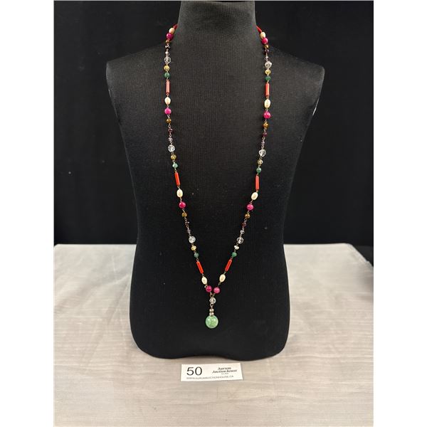 Lovely Necklace w/ Pearls, Gem Stone Beads, Crystal Beads w/ Green Stone Bead Pendant