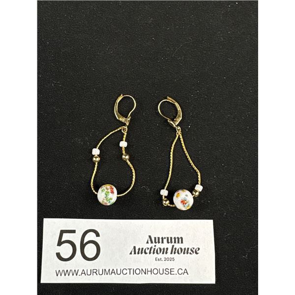 Pair of Vintage Gold w/ Hand Painted Beads Earrings