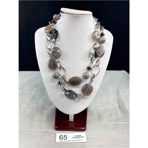 Solid + Heavy Silver Metal w/ Stones Necklace, Extra Length 43" Marked Lia Sophie