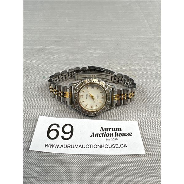 Two-Tone Gold + Stainless Steel Ladies Quartz Watch, Marked SHARP, 375202N. Battery Required