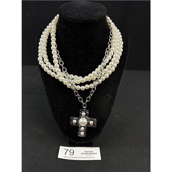 Triple Strand of Pearls Necklace w/ Cross Pendant