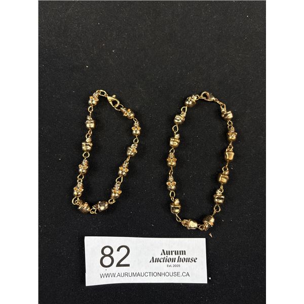 2 Vintage Gold Plated on Heavy Metal Skull Beads Bracelets