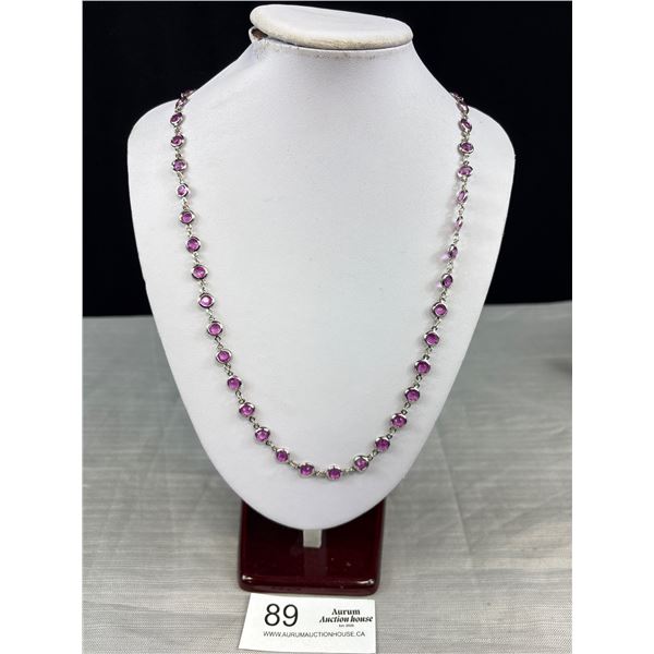 Silver Plated Mounted Pink Stones Linked Necklace, 25" Length