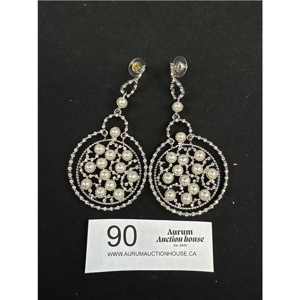 Large + Heavy Silver Plated w/ Pearls Pair of Dangle Earrings