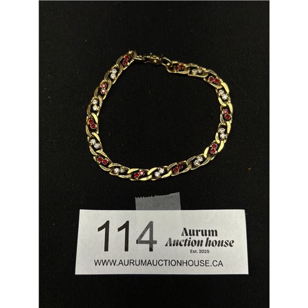 Dainty Gold Plated Link Bracelet w/ Clear and Red Stones